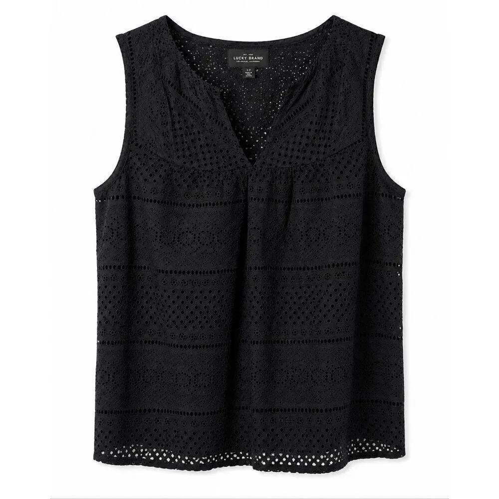 Lucky Brand Black Crochet Eyelet Tank Top Boho Sleeveless Blouse S